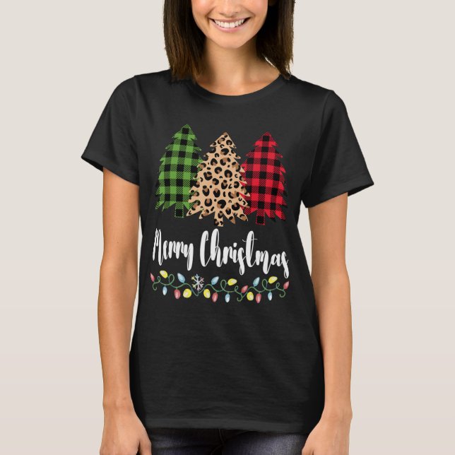 Plaid Leopard Patterns Merry Christmas Tree for Mo T-Shirt (Front)