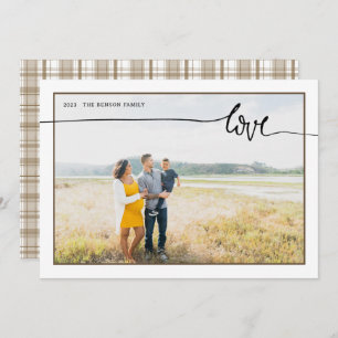 Plaid LOVE Minimal Script Brown Holiday Card