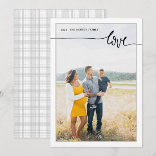 Plaid LOVE Minimal Script Grey Vertical Holiday Ca Card