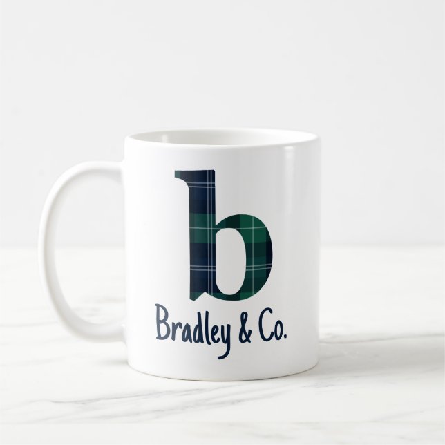 Plaid Lowercase Letter b Initial With Family Name Coffee Mug (Left)