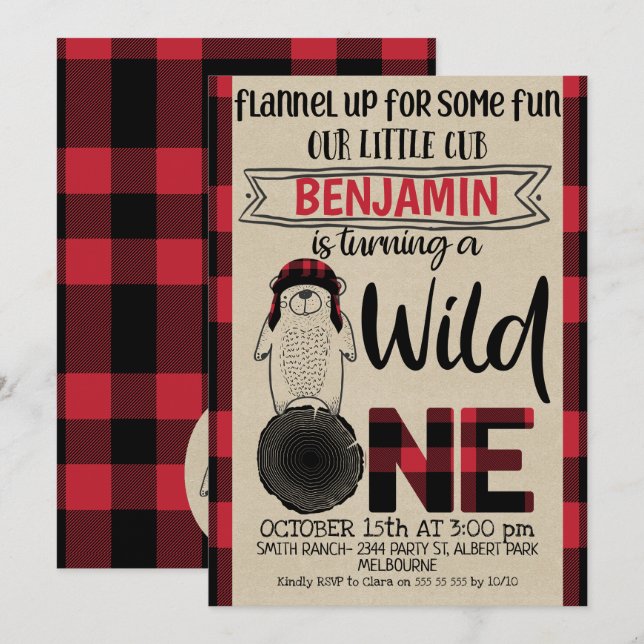 Plaid Lumberjack Bear Wild One Birthday Invitation (Front/Back)