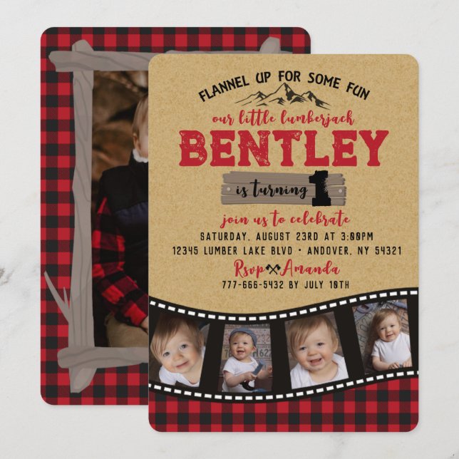 Plaid Lumberjack Filmstrip Multi Photo Birthday Invitation (Front/Back)