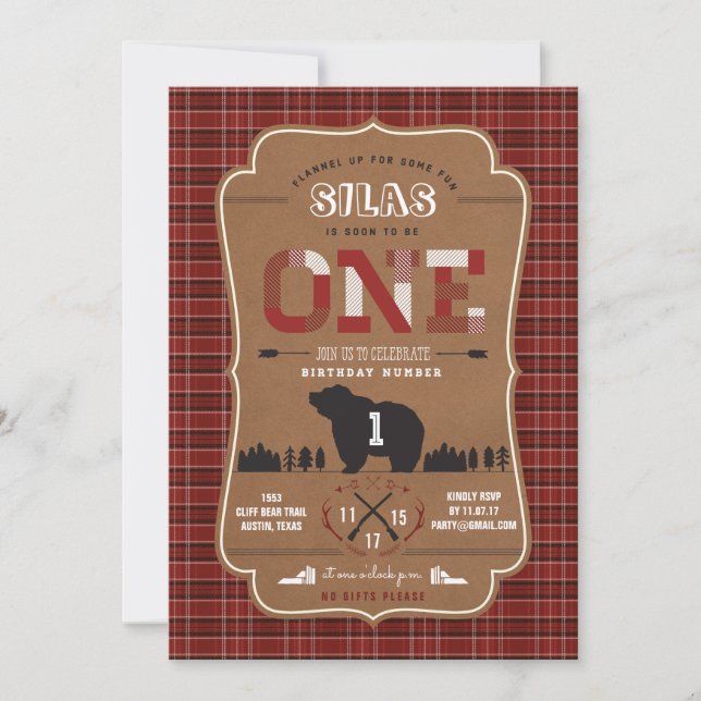 Plaid Lumberjack First Birthday Party Invitations (Front)