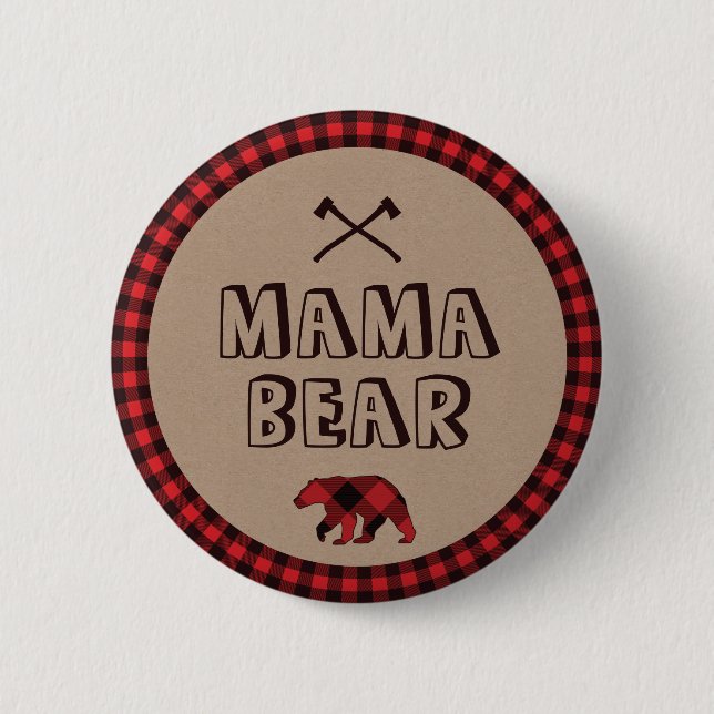 Plaid Lumberjack Mum Bear Birthday Baby Shower 6 Cm Round Badge (Front)