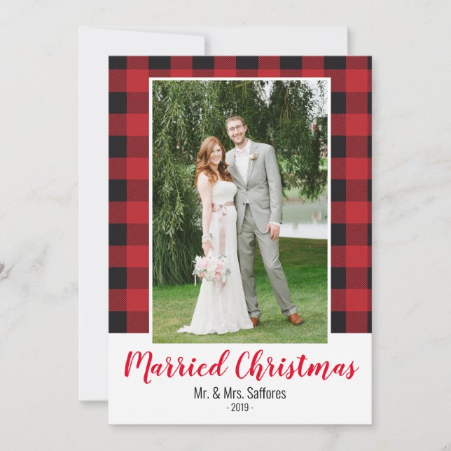 Plaid Married Christmas Holiday Photo Card (Front)