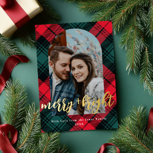 Plaid Merry and Bright Arch Frame Photo  Foil Holiday Card