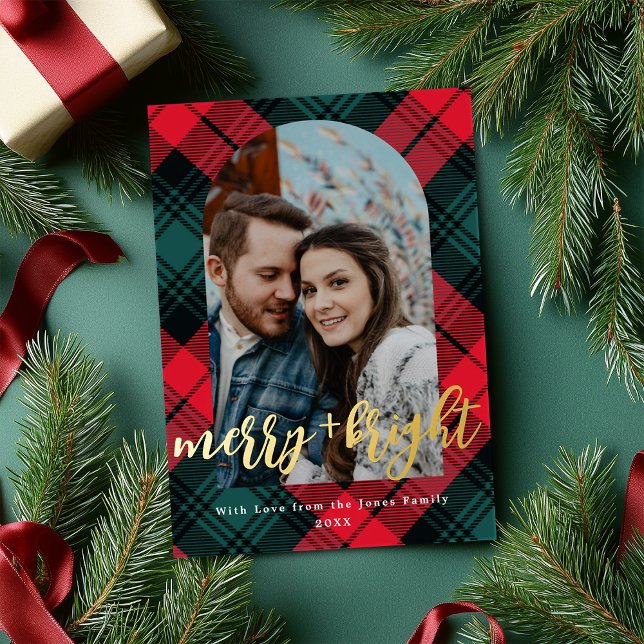 Plaid Merry and Bright Arch Frame Photo  Foil Holiday Card (Creator Uploaded)
