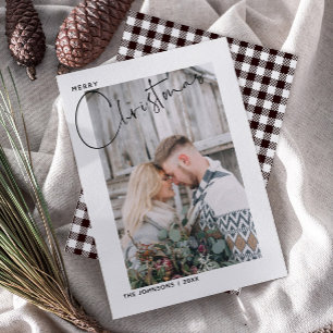 Plaid Merry Christmas Black & White Script Photo Holiday Card