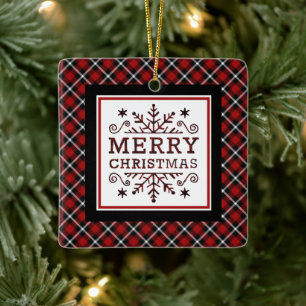 Plaid Merry Christmas Ceramic Ornament