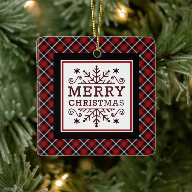 Plaid Merry Christmas Ceramic Ornament (Tree)