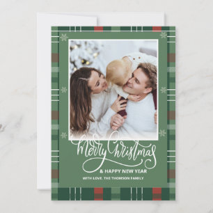 Plaid Merry Christmas Overlay Photo White Script Holiday Card