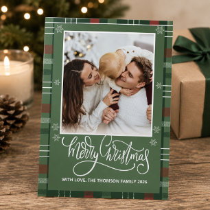 Plaid Merry Christmas Overlay Photo White Script Holiday Card