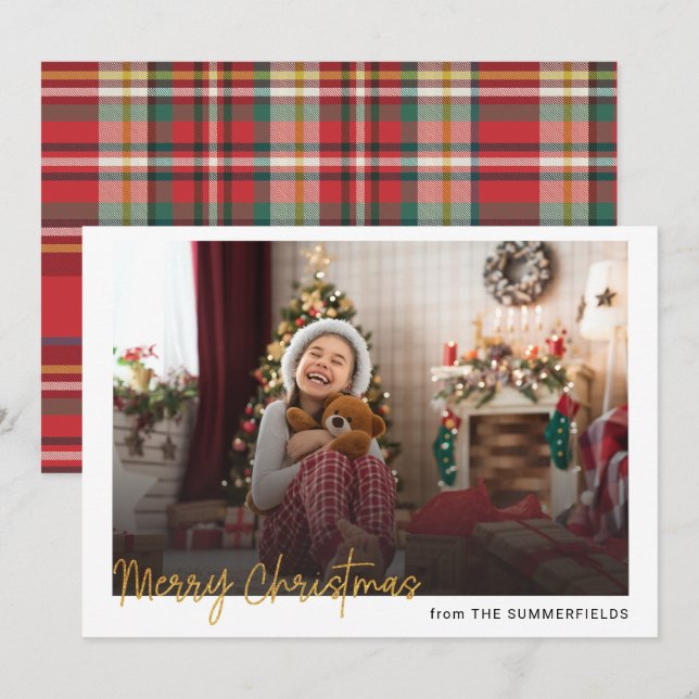 Plaid Merry Christmas Photo Rustic Red Check Holiday Card (Front/Back)
