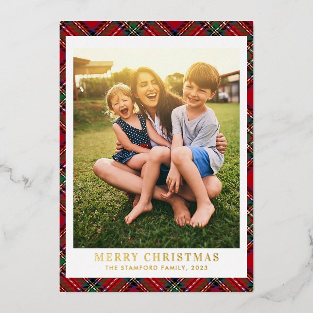 Plaid Merry Christmas Photo Stewart Tartan Gold Foil Holiday Card (Front)