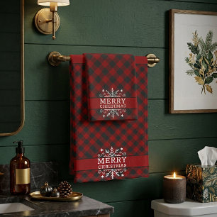 Plaid Merry Christmas snowflake  Bath Towel Set