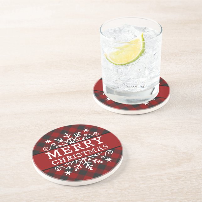Plaid Merry Christmas snowflake  Coaster (Side)