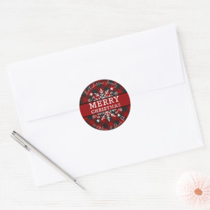 Plaid Merry Christmas snowflake  name and address Classic Round Sticker
