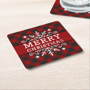 Plaid Merry Christmas snowflake Square Paper Coaster