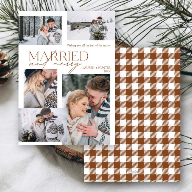 Plaid Merry & Married 5 Photo Newlywed Holiday Card (Creator Uploaded)