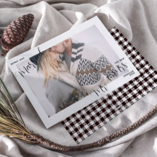 Plaid Merry & Married Script  Mr. & Mrs. Photo Holiday Card