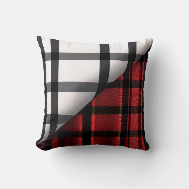 Plaid Modern Abstract Red Black Plaid Collection Cushion (Front)