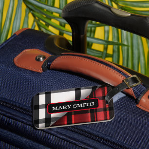 Plaid Modern Abstract Red Black Plaid Collection Luggage Tag