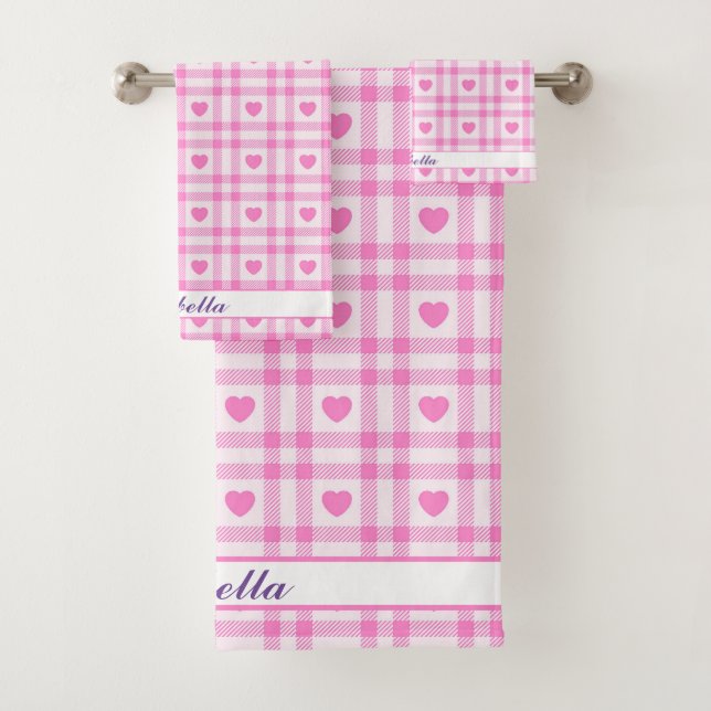 Plaid Modern Pink Heart Collection Bath Towel Set (Insitu)
