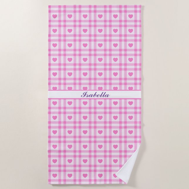 Plaid Modern Pink Heart Collection Beach Towel (Front)