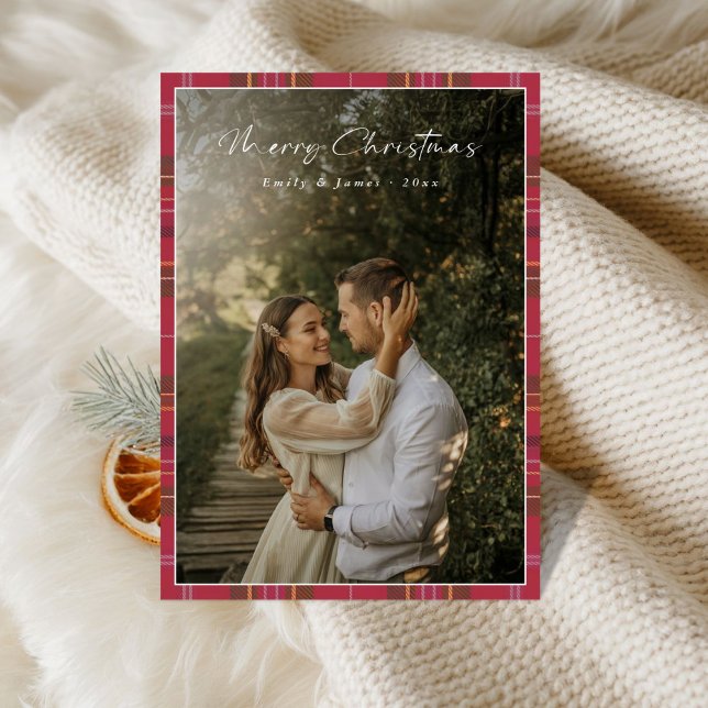 Plaid Modern Script First Married Christmas Photo Holiday Card (Creator Uploaded)
