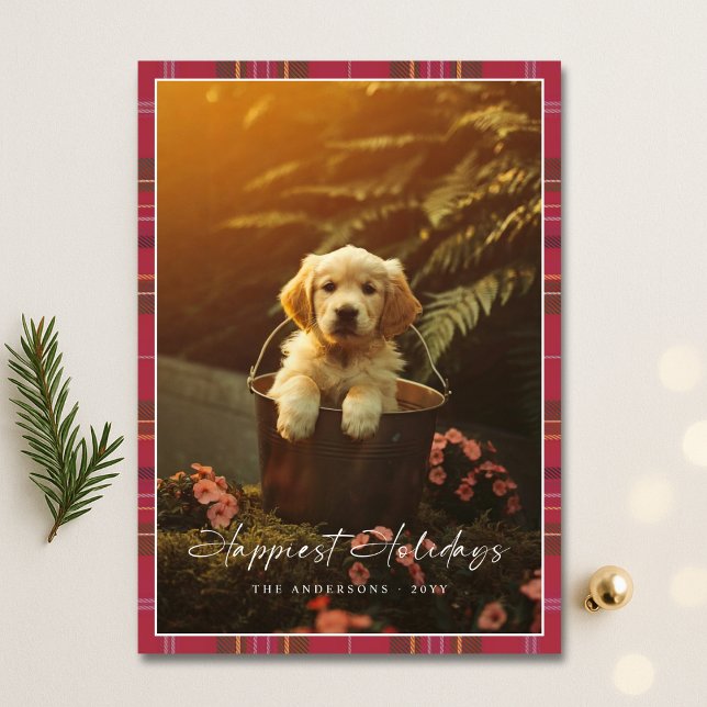 Plaid Modern Script Happiest Holidays Puppy Photo Holiday Card (Creator Uploaded)