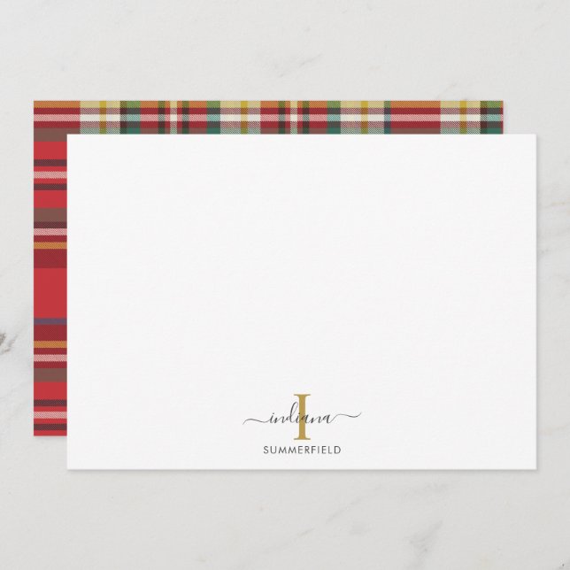 Plaid Monogram Initial Name Holiday Rustic Script Card (Front/Back)