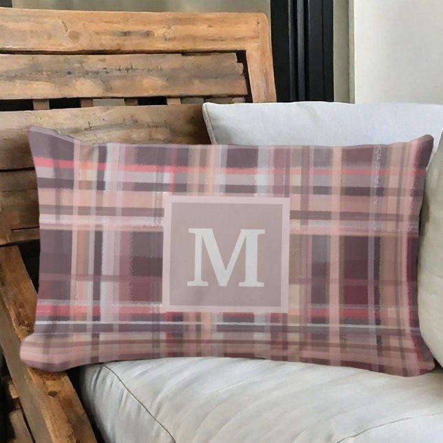 Plaid monogram maroon blush pink tan peach  lumbar cushion (Creator Uploaded)