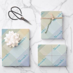 Plaid Monogram Pastel Blue Teal Green Yellow Maive Wrapping Paper Sheet