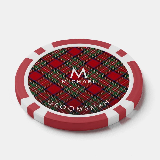 Plaid Monogram Red Green Stewart Tartan Groomsman Poker Chips (Single)