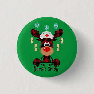 Plaid Moose Nurse Crew Funny Nurses Button