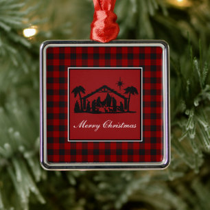 Plaid Nativity Metal Ornament