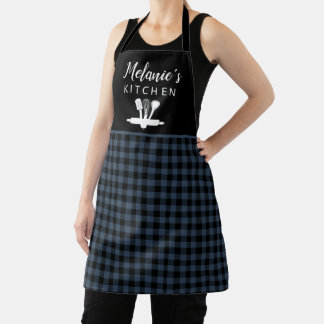 Plaid Navy Blue Buffalo Check Kitchen Tools Name Apron