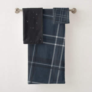 Plaid navy blue holiday stars bath towel set