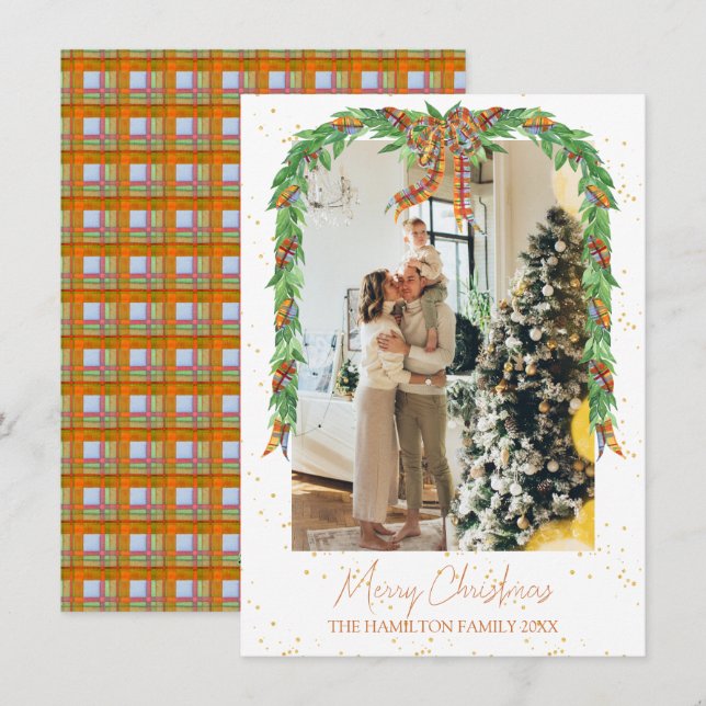 Plaid Orange Bow Garland Photo Christmas   Holiday Card (Front/Back)