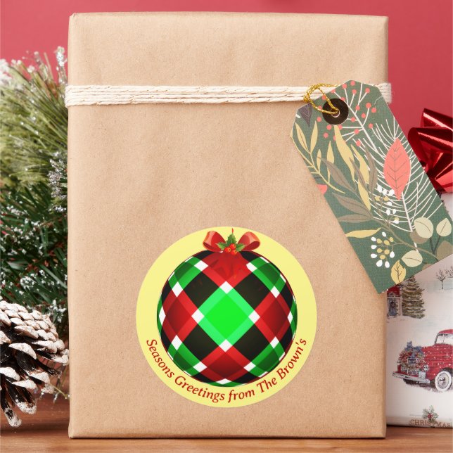 Plaid Ornament Christmas Classic Round Sticker (Holiday)