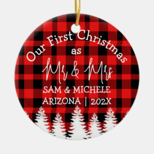 Plaid Our first Christmas as Mr and Mrs newlywed Ceramic Tree Decoration