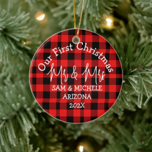 Plaid Our first Christmas Mr and Mrs newlywed Ceramic Tree Decoration