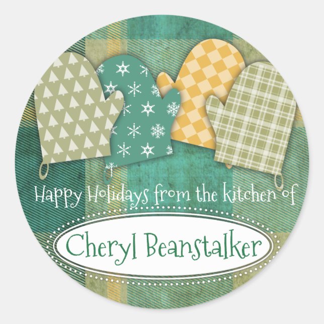 Plaid oven mitts Christmas from the kitchen of Classic Round Sticker (Front)