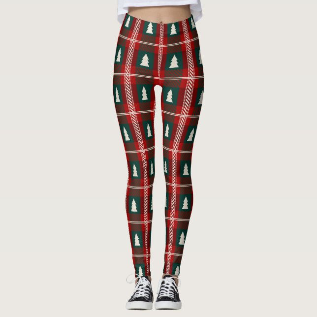 Plaid Patchwork Christmas Tree Pattern Leggings (Front)
