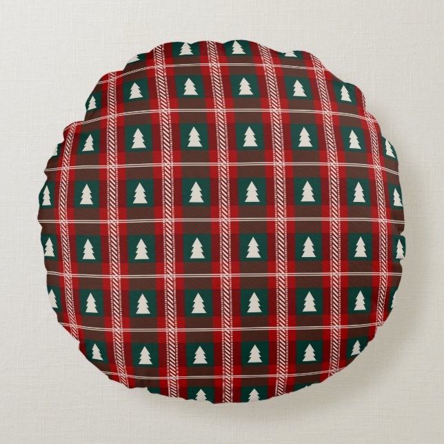 Plaid Patchwork Christmas Tree Pattern Round Cushion (Front)