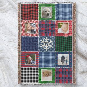 Plaid Patchwork Photo and Monogrammed Snowflake Throw Blanket