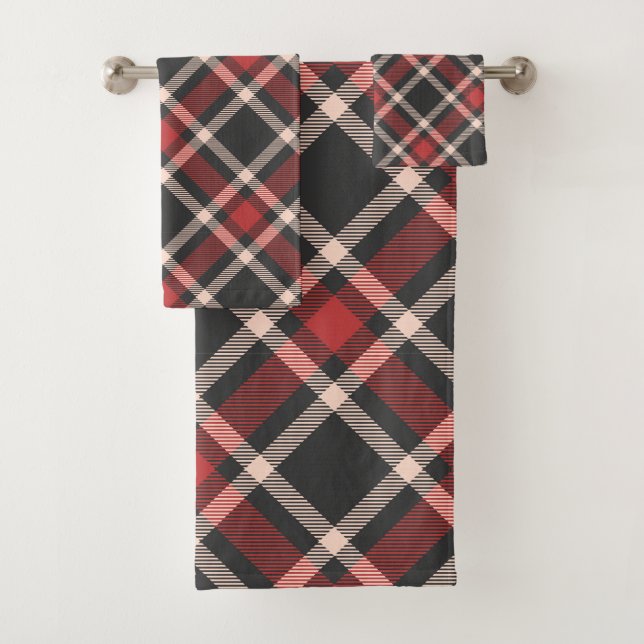 Plaid pattern in red black and white bath towel set (Insitu)