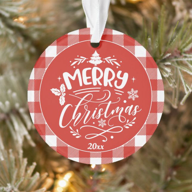 Plaid Pattern Merry Christmas Photo Ornament (Tree)