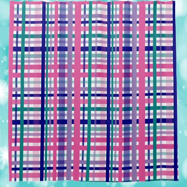 Plaid Pattern Purple Teal Navy Blue Pink Shower Curtain (A plaid shower curtain featuring pink, purple, teal and navy blue stripes.)