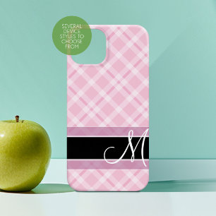 Plaid Pattern with Monogram - black blush pink iPhone 13 Mini Case